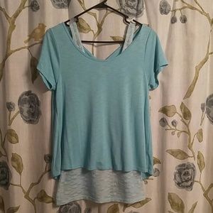 Two layer seafoam green lacey split back top